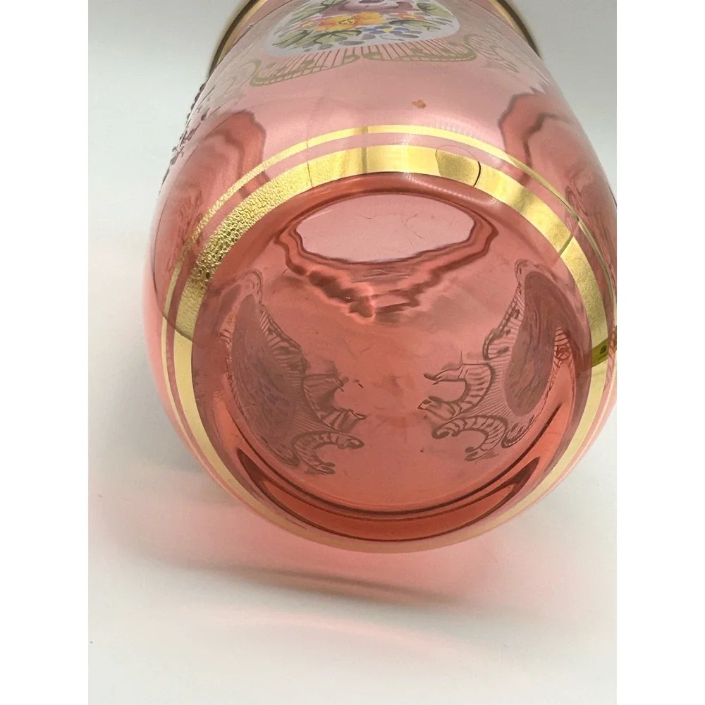 Vintage Bohemian‎ Cranberry Glass Vase Hand Painted Enamel Gold Czech Crystalex